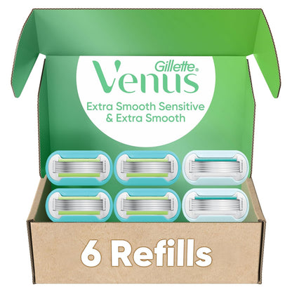 Gillette Venus Recambios de hoja de afeitar para mujer, Venus extra suave, 4 unidades y Venus Deluxe Smooth Sensitive 2 unidades, 6 repuestos totales
