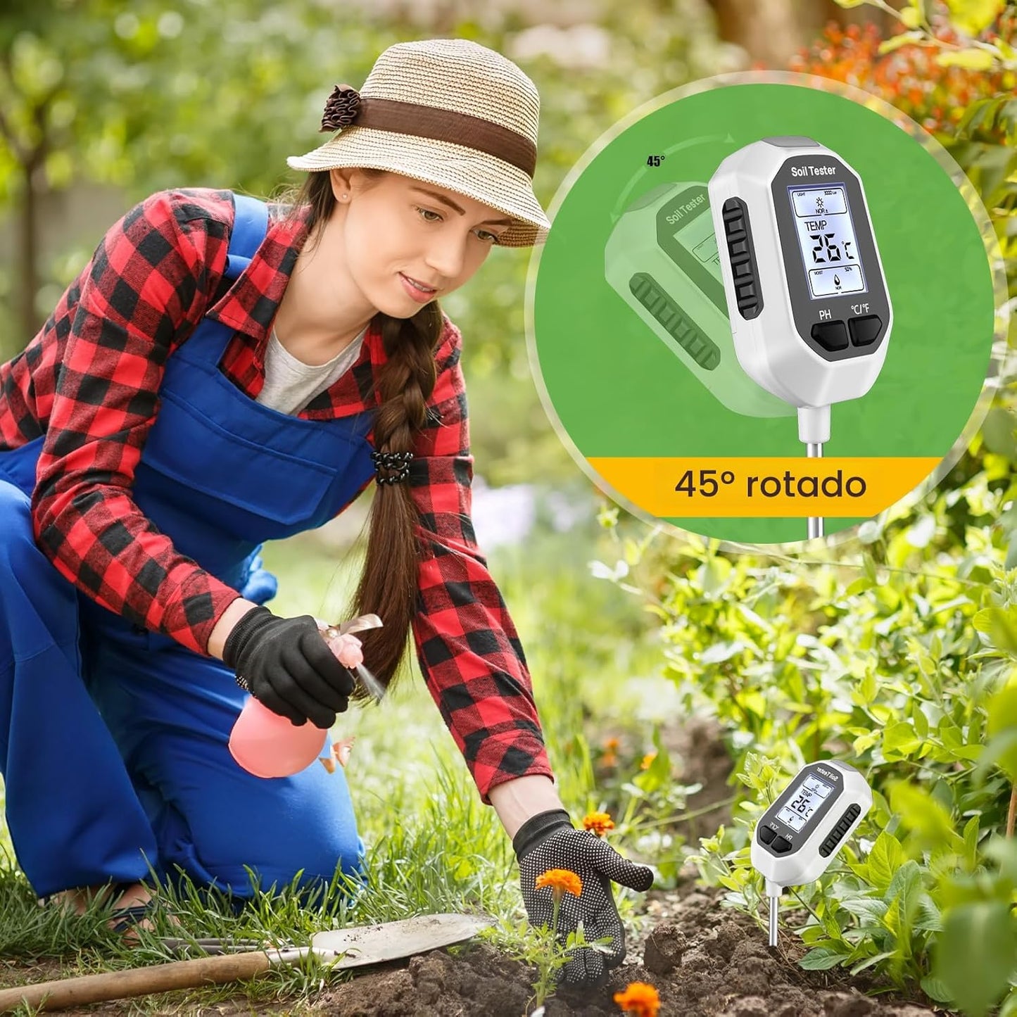 Medidor de Humedad del Suelo 4 en 1, Medidor Digital de Temperatura de Plantas/Prueba de Humedad del Suelo y Medidor de PH/Intensidad de Luz Solar, Pantalla LCD con Retroiluminación para