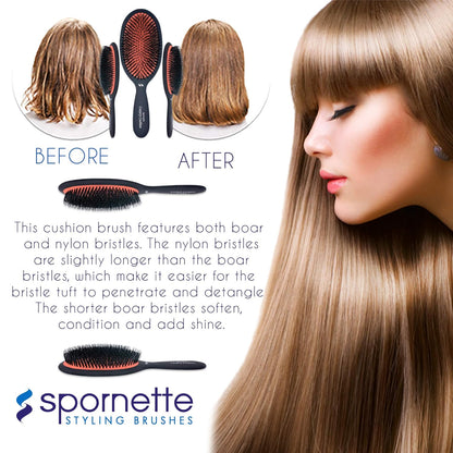 Spornette Cepillo de pelo ovalado de jabalí y cerdas de nailon de lujo grande (#LX-1) con un mango antideslizante de satén suave, ideal para peinar, alisar todo tipo de cabello, pelucas y extensiones