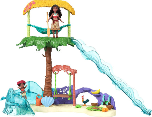 Mattel Disney Moana 2 Juguetes, Set de juego de aventura en la isla de Moana con muñecas pequeñas de Moana y Simea, 2 amigos personajes, 5 áreas de juego y 8 accesorios