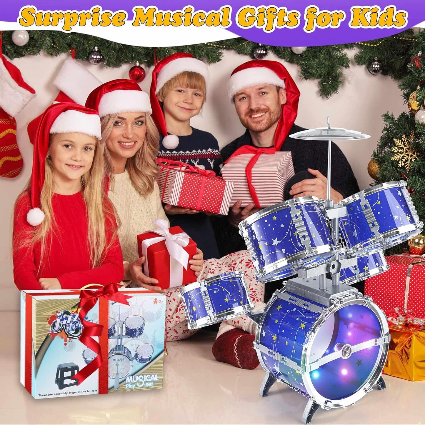 Juego de batería para niños de 1 a 3 años, batería de jazz para niños de 3 a 5 años, juguetes de instrumentos musicales con luz de estrellas para niños y niñas de 2-5, 4, 6, 5-7 (todo de plástico)