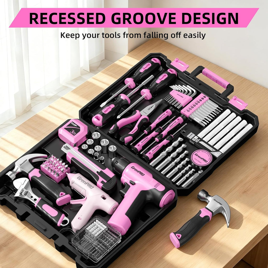 GRENPRO Juego de herramientas rosa, juego de taladro, 188 piezas de...