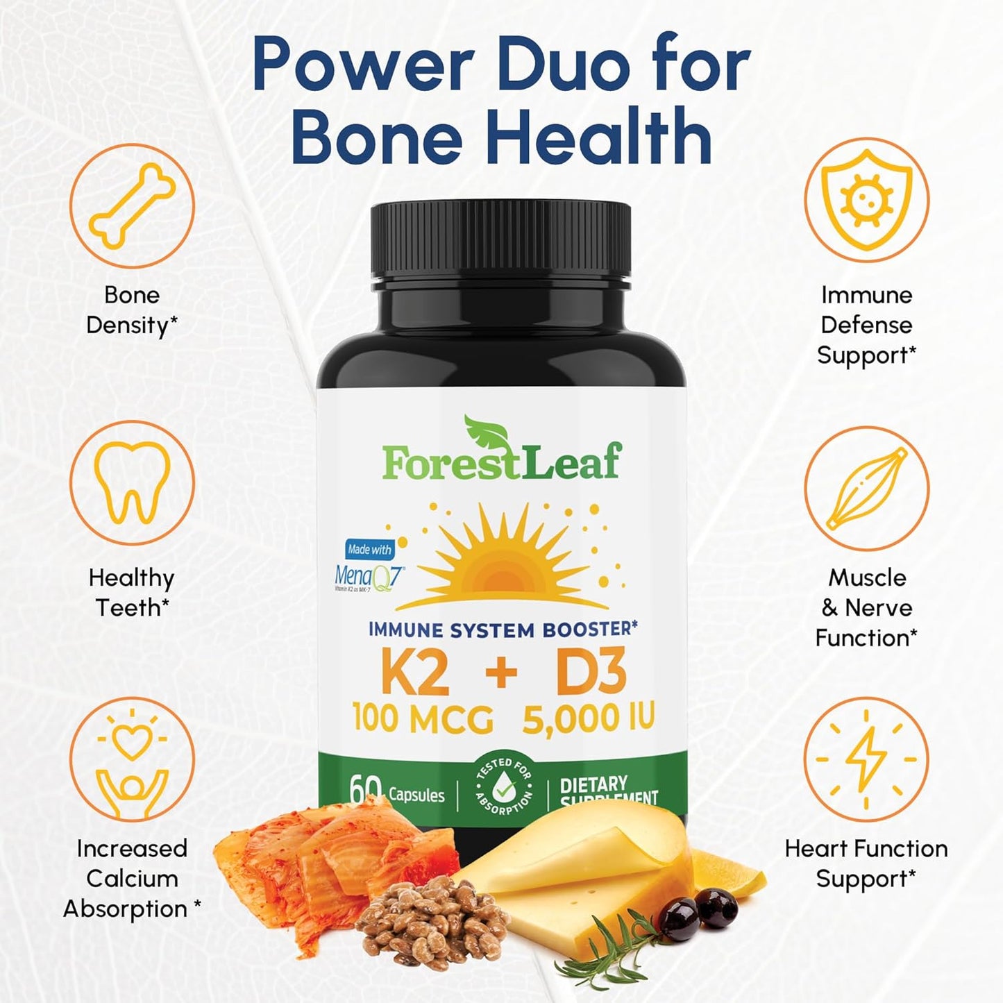 Suplemento ForestLeaf de vitamina D3 + K2 (MK7) - MenaQ7 - Calcio y...