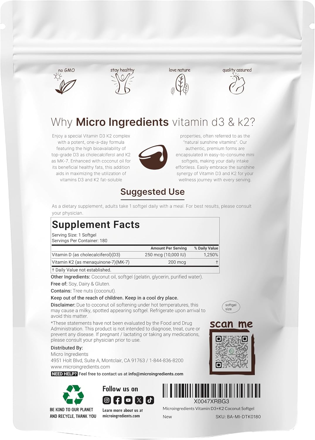 Micro Ingredients Vitamina D3 10,000 UI + K2 MK-7 200 mcg, 180 cáps...