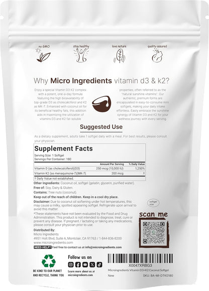 Micro Ingredients Vitamina D3 10,000 UI + K2 MK-7 200 mcg, 180 cáps...