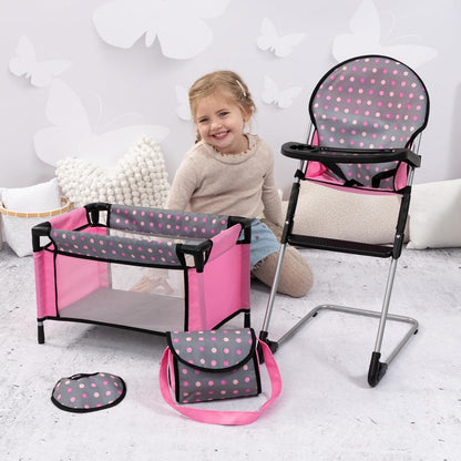 Bayer Set de Trona\/Cuna para Muñecas, Gris, Rosa con Puntos