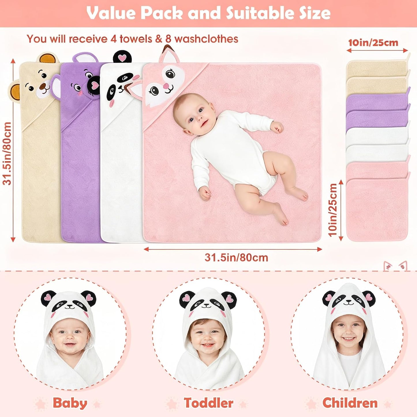 CandyHome Juego de 12 toallas de baño para bebés y niños pequeños,...