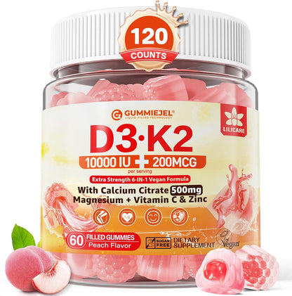 Gomitas rellenas de vitamina D3 K2 5000UI \/ 10,000 IU con 500mg de...