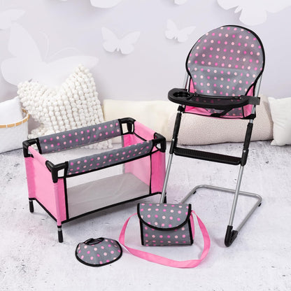 Bayer Set de Trona\/Cuna para Muñecas, Gris, Rosa con Puntos