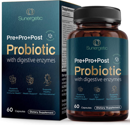 Probiótico, Prebiótico, Posbiótico y Enzimas Digestivas 4 en 1 Premium para Hombres y Mujeres – Apoya el Intestino, la Digestión y la Inmunidad – Salud Intestinal Completa con Pre, Post, Probióticos y