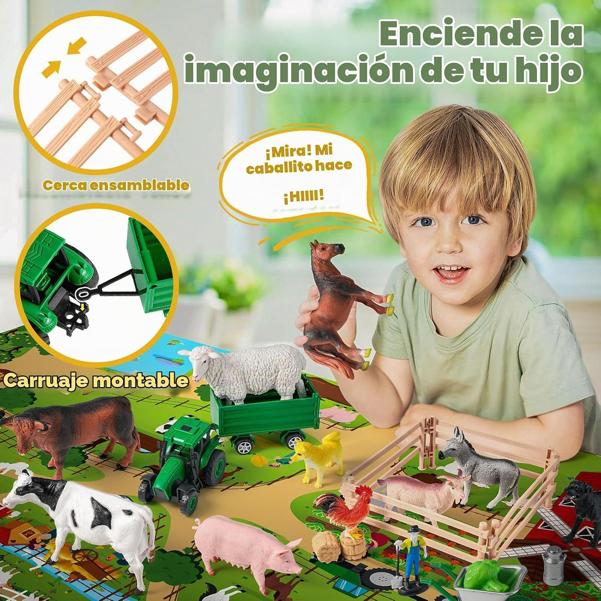 38 juguetes de animales de granja con alfombra de juego grande de