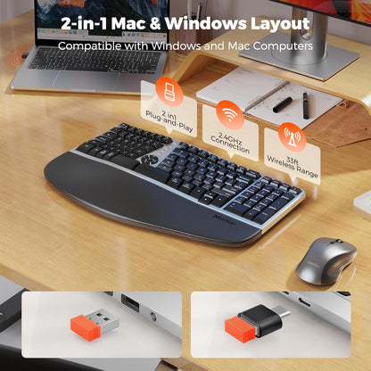 MEETION Combo ergonómico de teclado y mouse inalámbrico, teclado compacto curvado de 2.4 G con reposamanos acolchado, mouse inalámbrico ajustable de 4 niveles DPI para Windows/Mac/Escritorio/PC