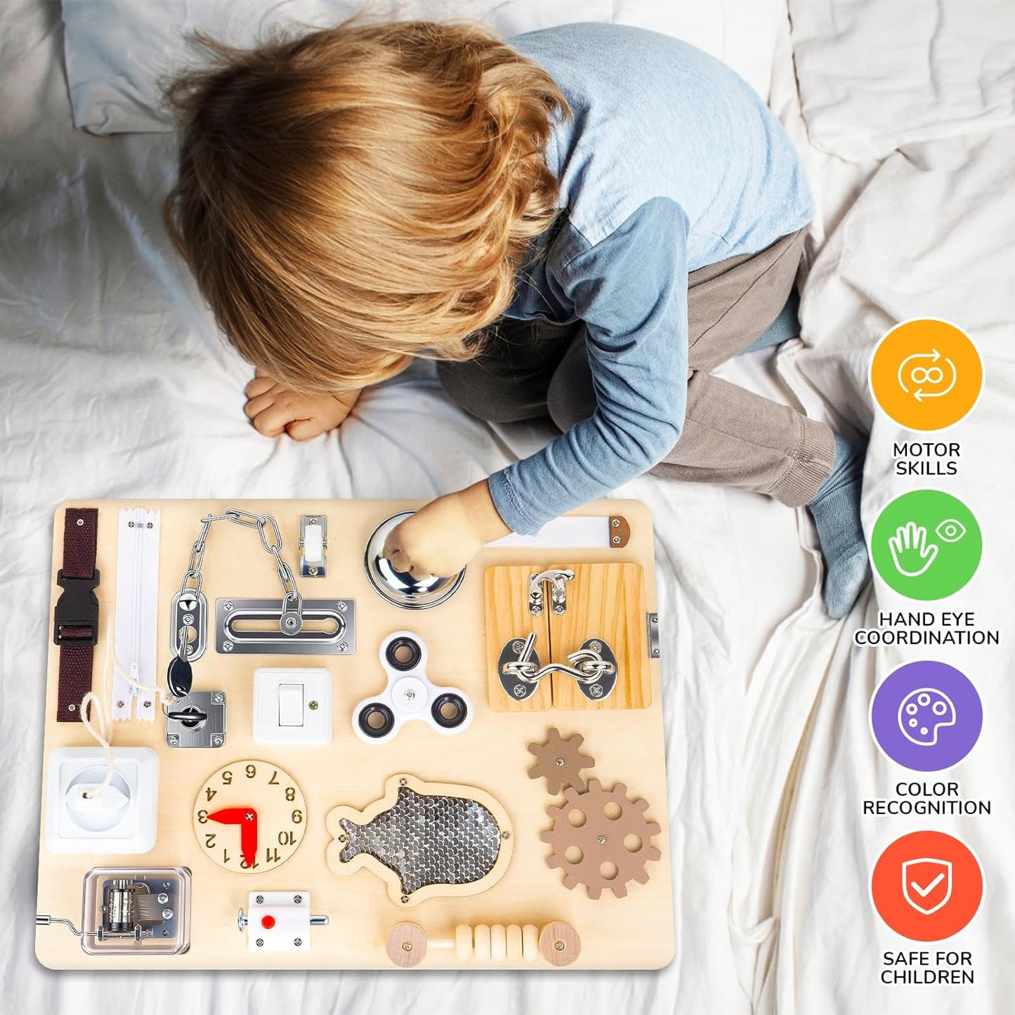 Montessori - Tabla de actividades para niños pequeños de 1, 2, 3, 4 años, juguetes sensoriales de madera, actividades de aprendizaje preescolar para habilidades motoras finas, juguete de viaje