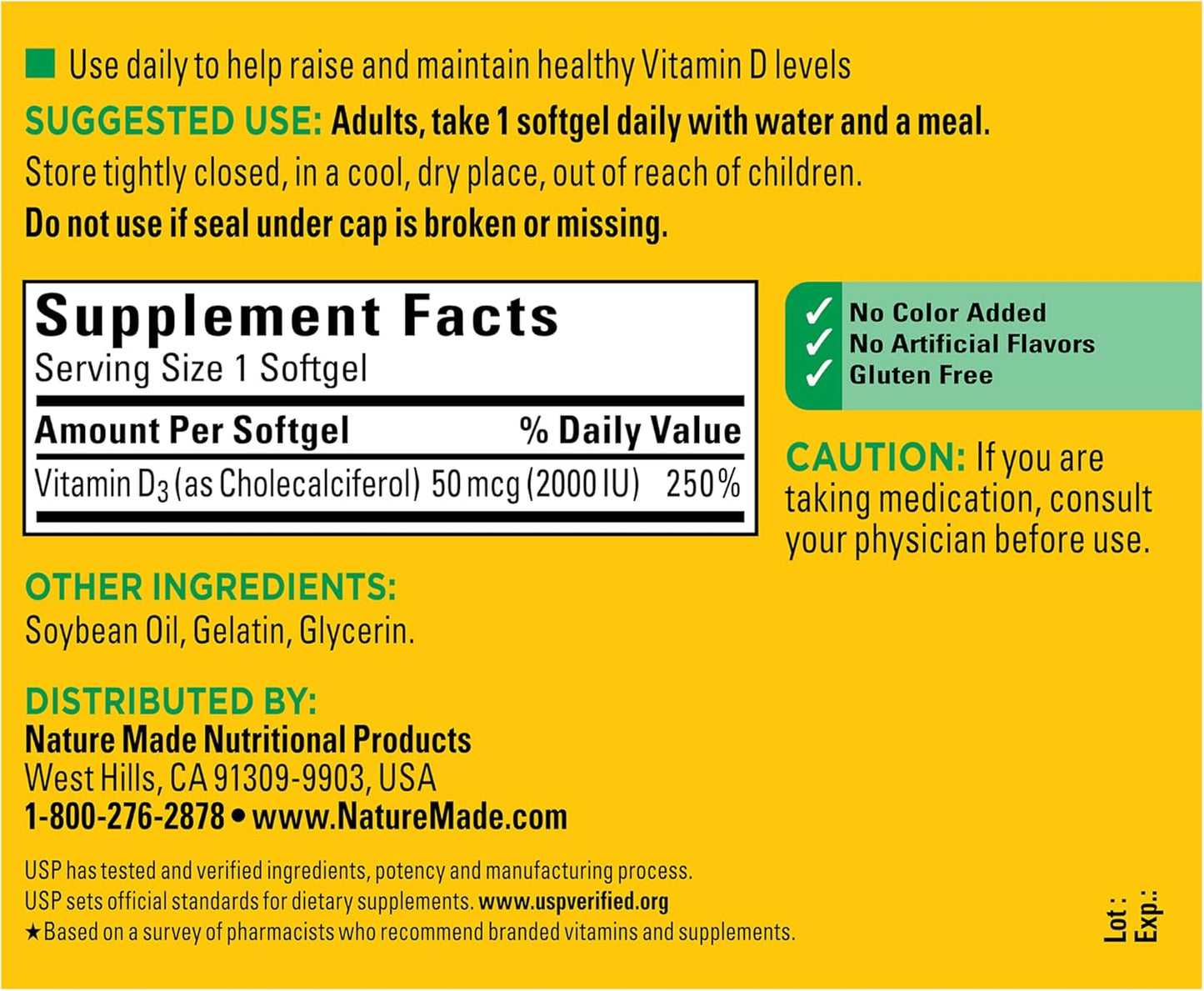 Nature Made Vitamina D3 2000 UI (50 mcg), suplemento de vitamina D...
