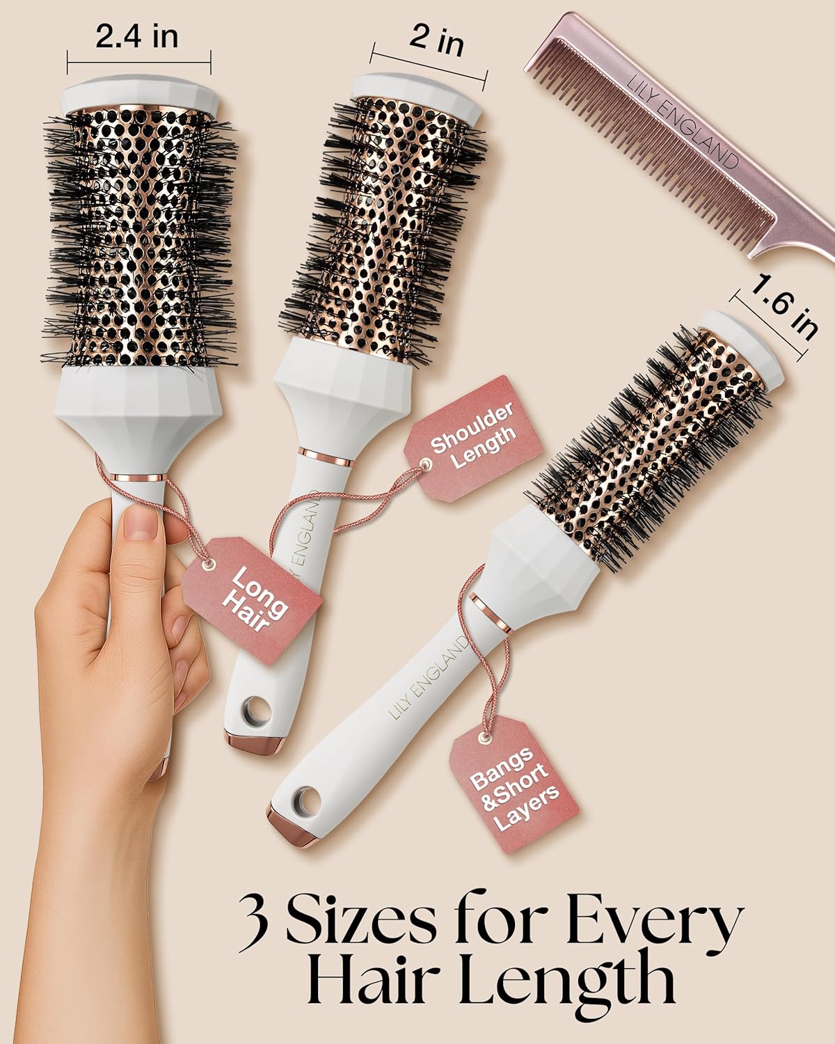 Lily England Juego de Cepillos Redondos para el Cabello, Kit Profesional de Secado con Secador de 4 Piezas con 3 Cepillos Redondos y Peine para Peinado, Juegos de Regalos de Belleza para Mujeres