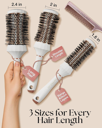 Lily England Juego de Cepillos Redondos para el Cabello, Kit Profesional de Secado con Secador de 4 Piezas con 3 Cepillos Redondos y Peine para Peinado, Juegos de Regalos de Belleza para Mujeres
