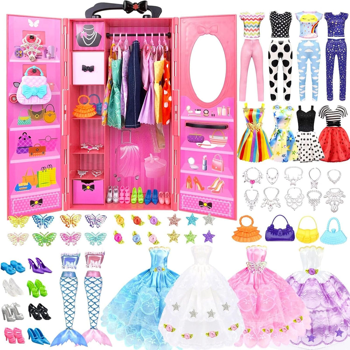 Paquete de 84 ropa y accesorios para muñecas con armario de muñecas...