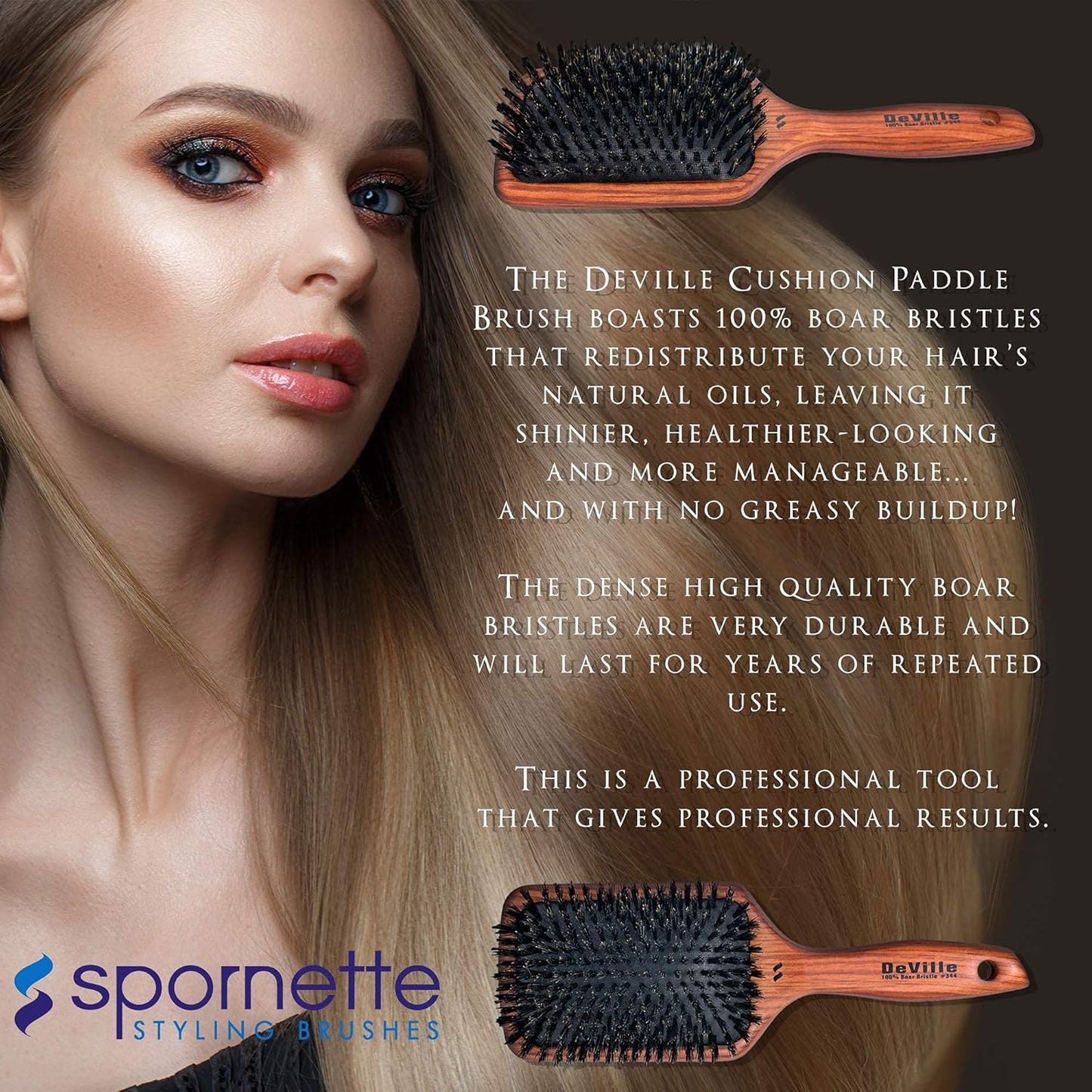 Spornette Deville Cushion Paddle Brush - Cepillo de cerdas de jabalí con mango de madera, para alisar, alisar, desenredar, peinar y cepillar para mujeres, hombres y niños, todo tipo de cabello