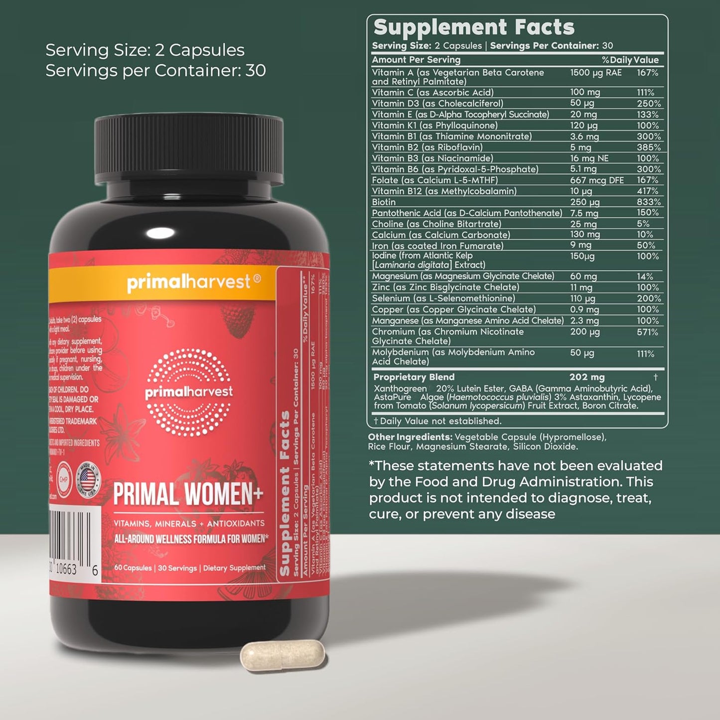 Primal Harvest Multivitamínico para mujeres Vitamina A, vitamina C,...