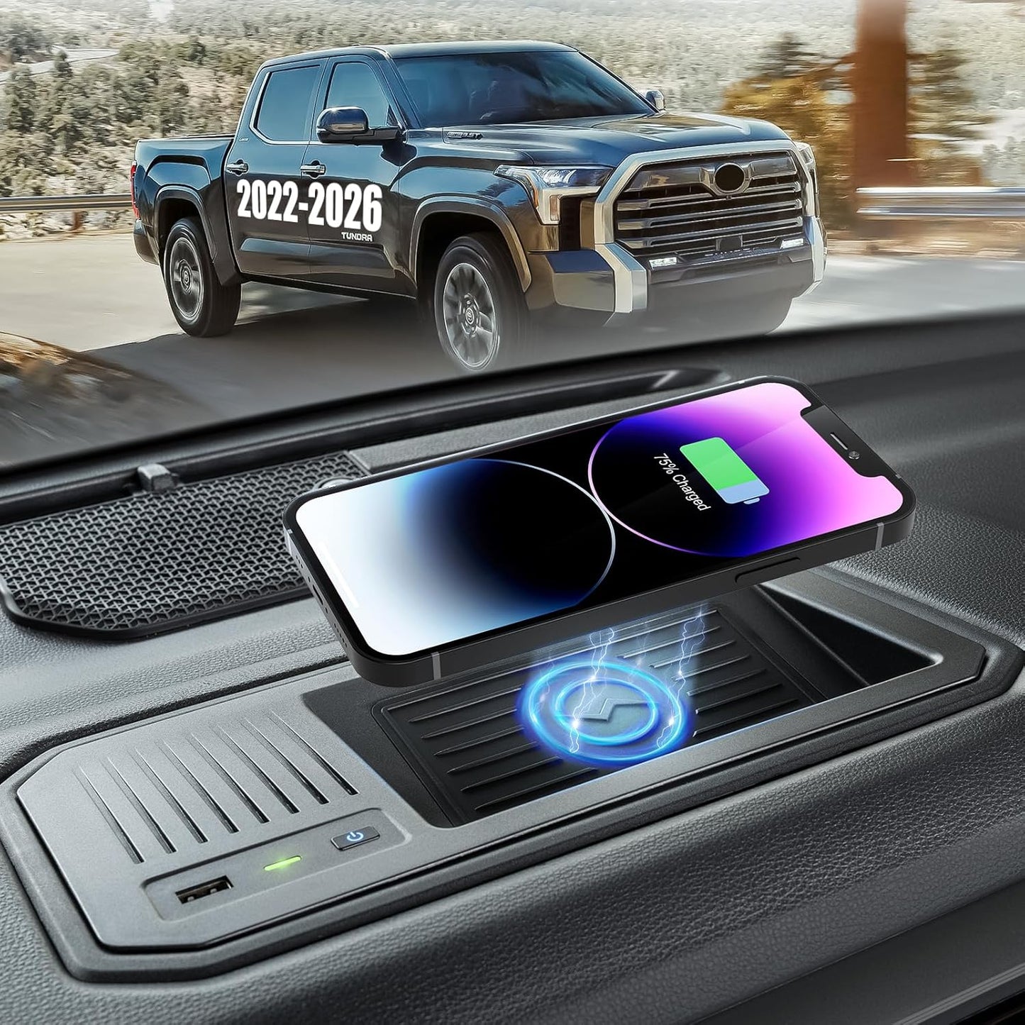 Cargador inalámbrico para Toyota Tundra 2022-2025 2026, ajuste personalizado OEM con puerto USB, almohadilla de carga inalámbrica de teléfono para Tundra TRD Pro 1794 Edition Platinum SR SR5 Limited Interior Accesorios de automóvil