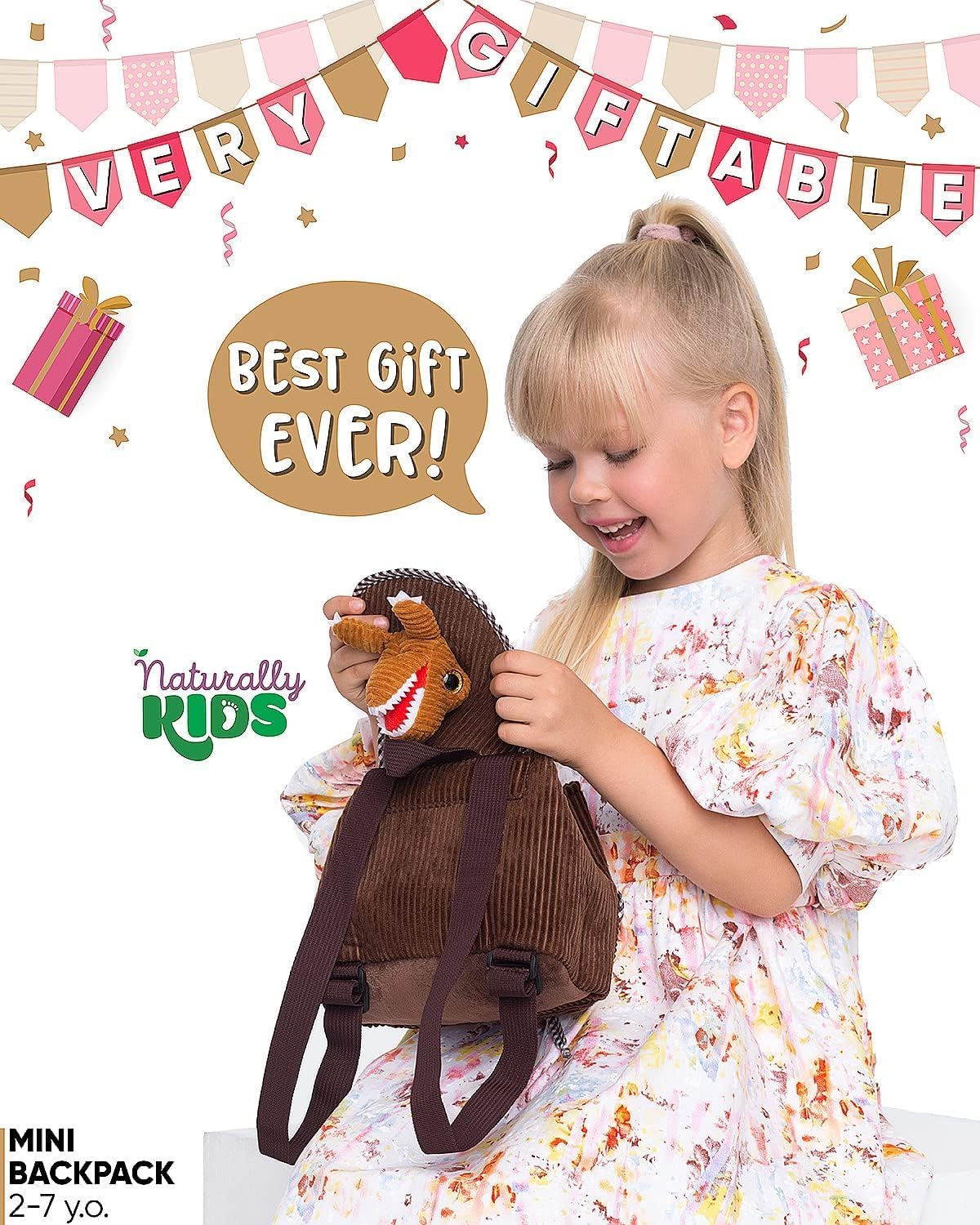 Naturally KIDS Mini mochila de dinosaurio marrón, regalo para niños...
