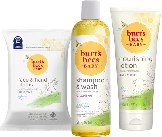 Burt's Bees Set de regalo para baby showers, incluye productos esenciales para bebés, champú y lavado con lavanda, loción corporal, toallitas y paños, cuidado de la piel de origen natural derivado, 3
