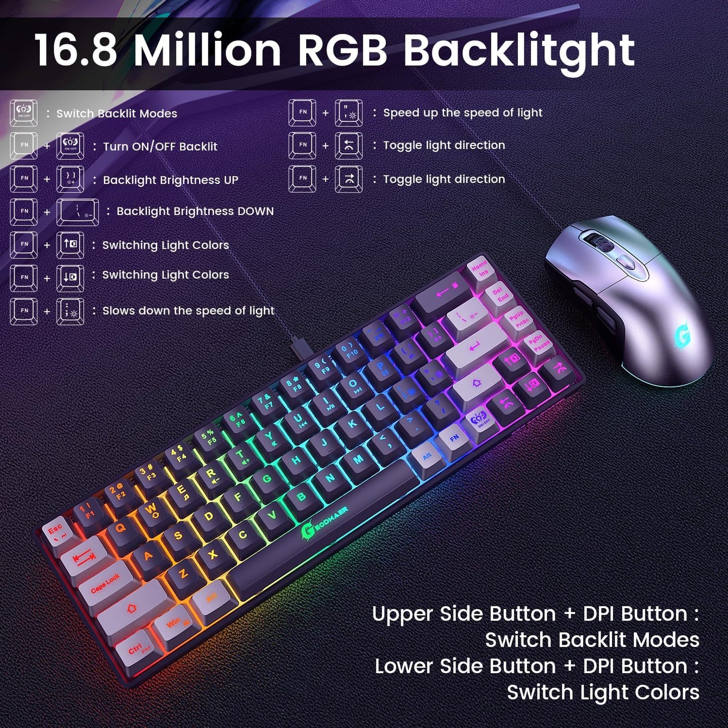 Combo de teclado y ratón para juegos 65%, teclado retroiluminado RGB + ratón para juegos de 7200 DPI, teclado y ratón con cable ultra compacto Anti-Ghosting para PC y portátil gamer