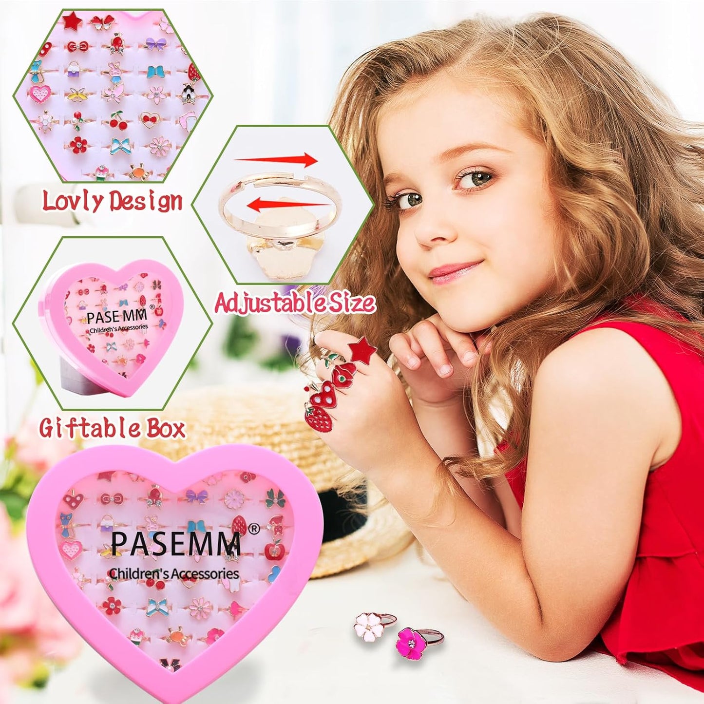 36 anillos de joyería de aleación para niña, ajustables, sin duplicación, anillos de juego para niños en caja, anillos de simulación y disfraces para niñas de 4 a 12 años, regalos de cumpleaños