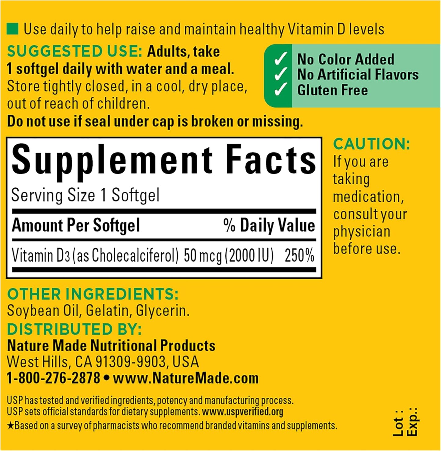 Nature Made Vitamina D3 2000 UI (50 mcg), suplemento de vitamina D...