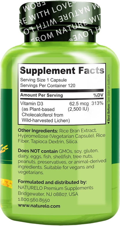 NATURELO Vitamina D - 2500 UI - A base de plantas de liquen - Suple...