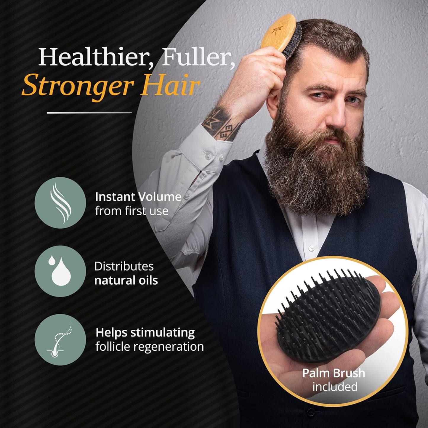 Belula Juego de cepillo de pelo 100% de cerdas de jabalí para hombres. Cepillo suave para cabello fino, normal y corto. Cepillo de cerdas de jabalí y peine de madera para hombres. Incluye 2 cepillos de palma y bolsa de viaje incluidos.