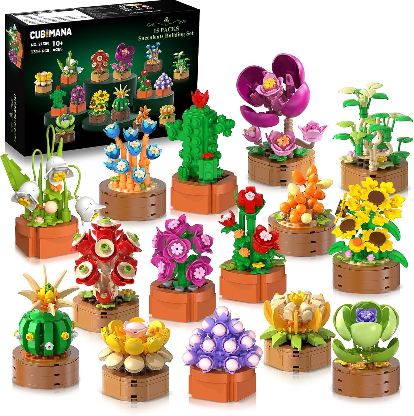 Paquete de 15 mini construcción de flores y plantas, 1314 piezas de suculentas de flores de 0.142 in, colección botánica, juguete de bloque para decoración del hogar, oficina, regalos de cumpleaños de Pascua para adultos, mujeres, niños y niñas mayores de