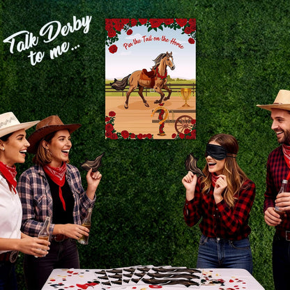 Civaner Juego de 33 piezas de decoración Derby Pin The Tail on The Horse con 1 póster, 30 colas de caballo y 2 máscaras de ojos de poliéster, juegos de fiesta para Derby Western Cowboy suministros de