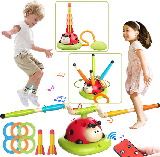 Engfa Juego de salto musical 3 en 1, juego de lanzar anillos y lanzador de cohetes pisoteador para niños, juguetes para niñas y niños de 3-5 años, juguete deportivo y al aire libre para edades de 5-7