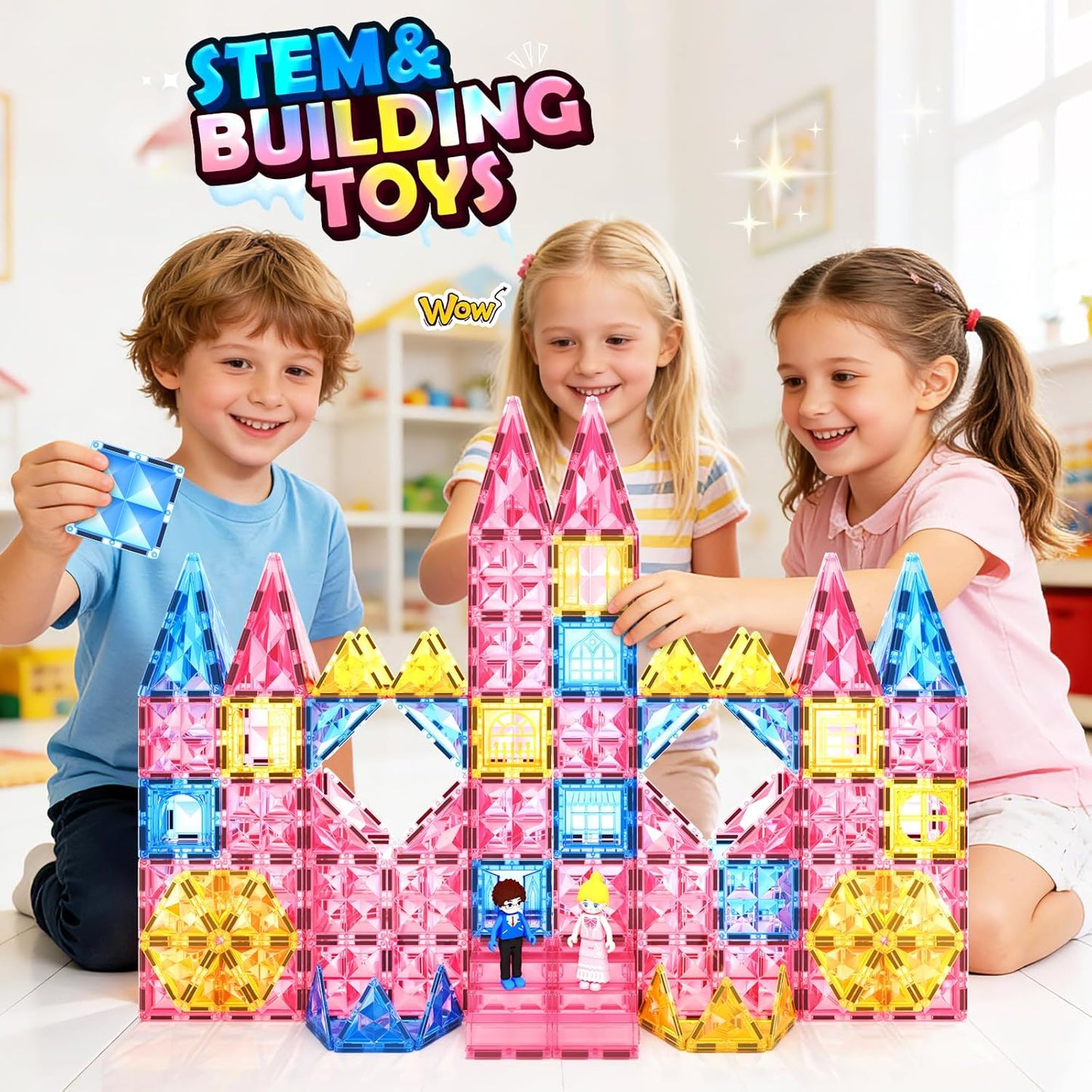 Magnetic Tiles 102pcs with 2 Stairs 2 Dolls Princess Castle Magneti...