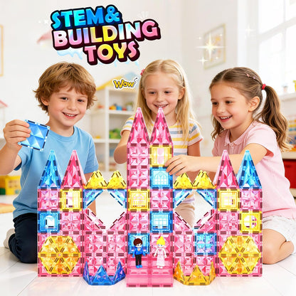 Magnetic Tiles 102pcs with 2 Stairs 2 Dolls Princess Castle Magneti...