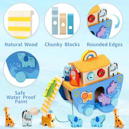 Arca de Noé de madera con clasificador de formas de animales, regalos de bautismo para niños de 1, 2, 3, 4 años, juguetes Montessori para niños pequeños, regalos de bautismo para niños y