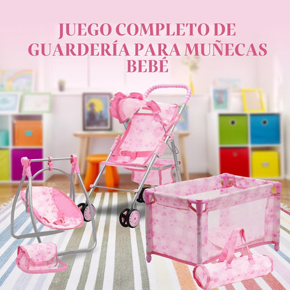 Juego de cochecito, columpio y cuna para muñeca bebé, juego de acce...