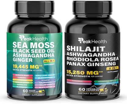 Peakhealth Cápsulas de Shilajit Sea Moss Aceite de Semilla Negra As...