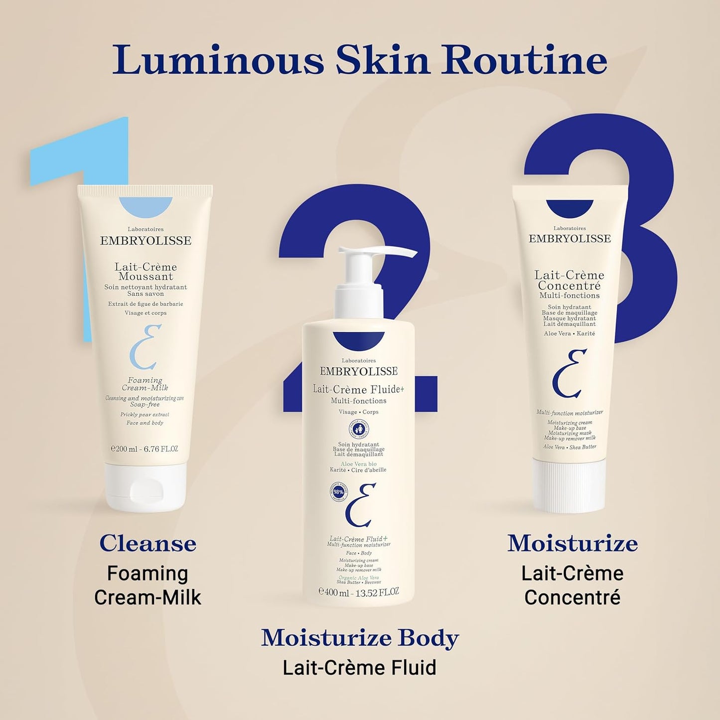 Embryolisse Leche en crema espumosa. Limpiador hidratante para rostro y cuerpo, sin jabón, fórmula vegana, 6.76 onzas líquidas