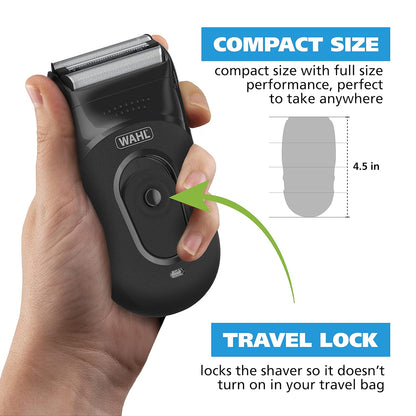 Wahl Kit compacto de afeitadora de iones de litio recargable con láminas higiénicas enjuagables y barra cortadora con láminas flexibles dobles que se mueven con los contornos de tu cara - 7065