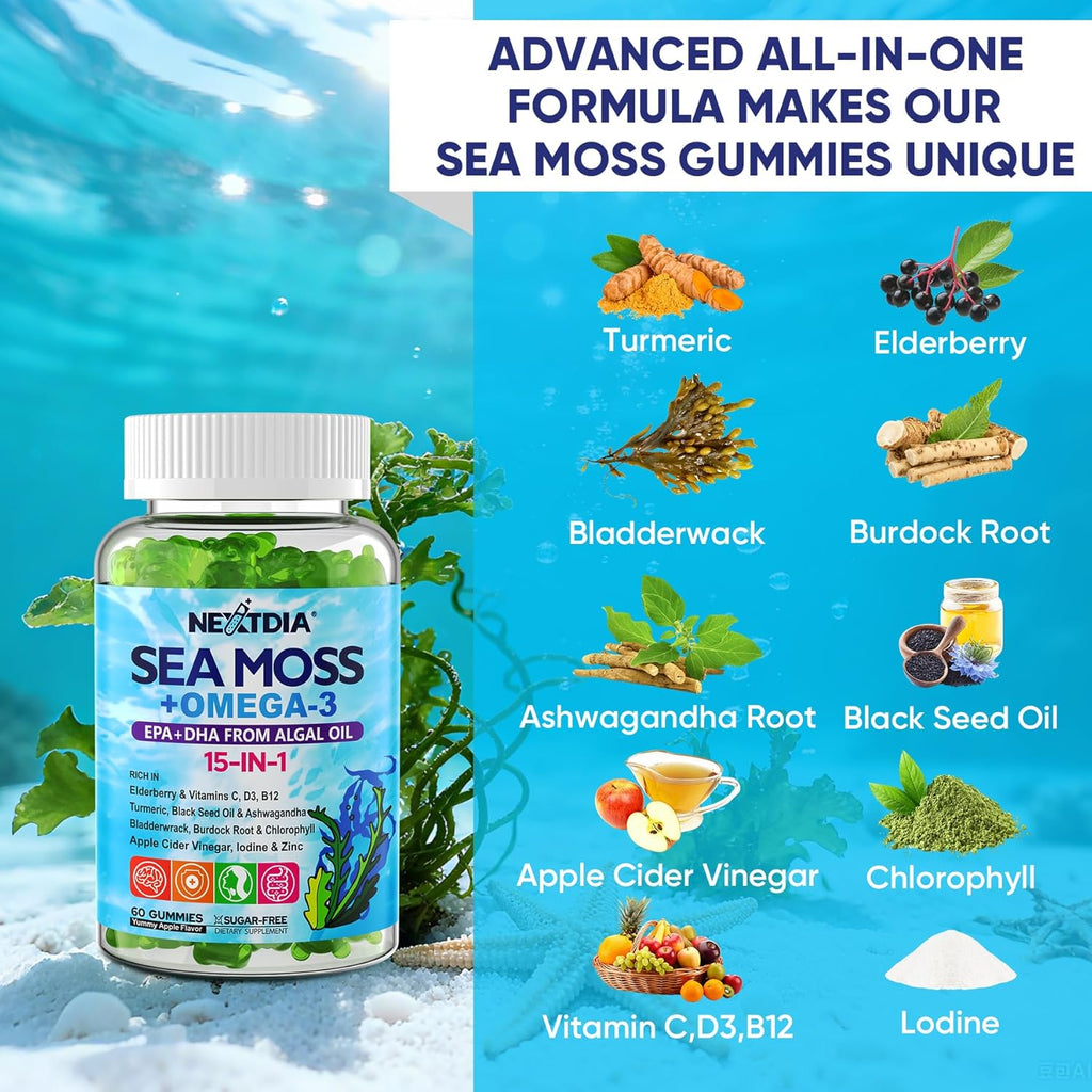 Gomitas de musgo marino + algas omega-3 para hombres y mujeres, veg...