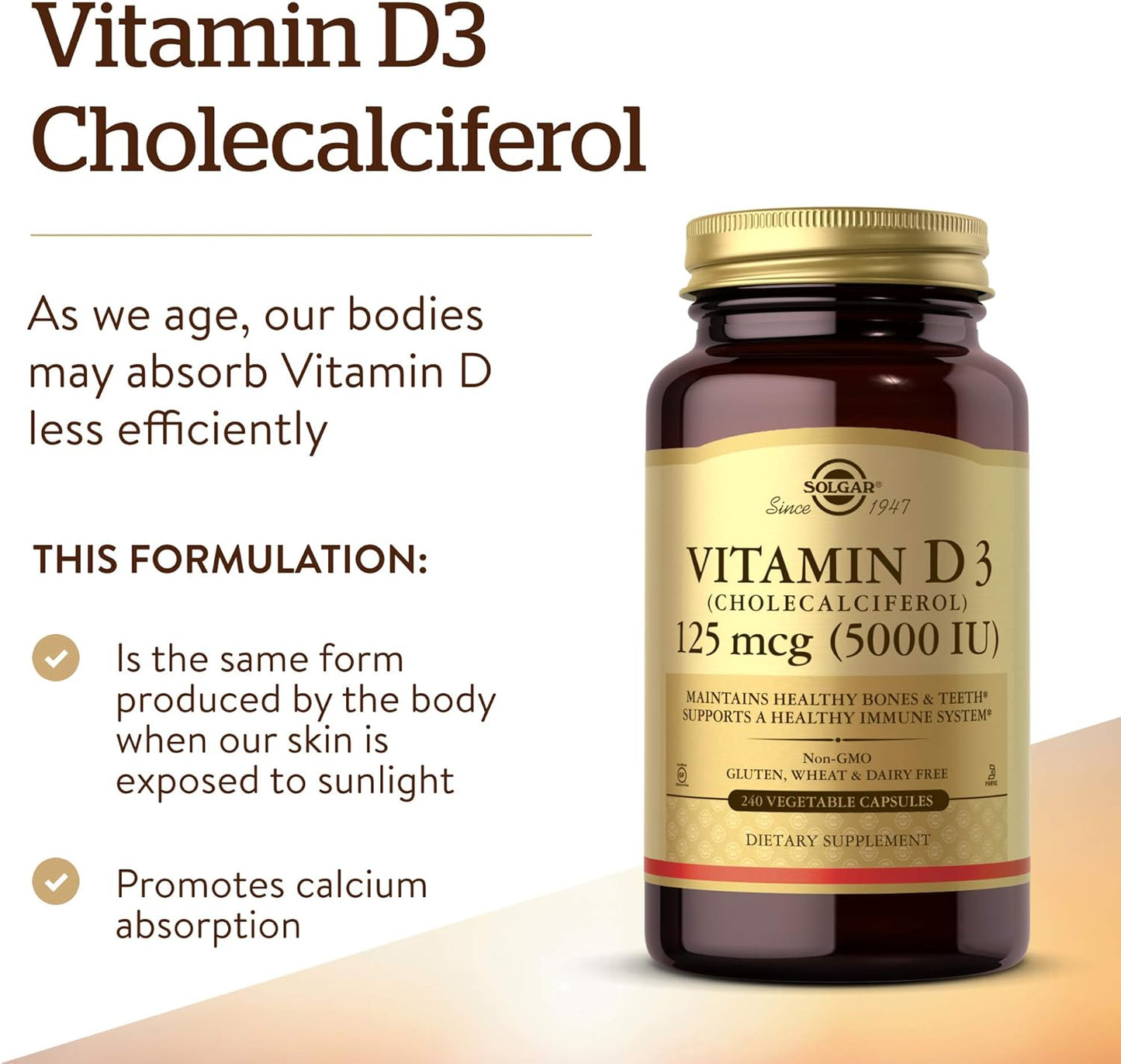 Solgar - Vitamina D3 (colecalciferol) 125 mcg (5000 UI), 240 cápsul...