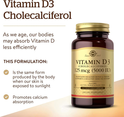 Solgar - Vitamina D3 (colecalciferol) 125 mcg (5000 UI), 240 cápsul...