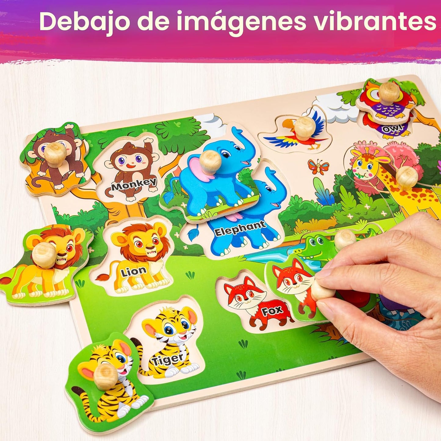 SYNARRY Rompecabezas de madera para niños pequeños de 1 a 3 años, 6 rompecabezas para niños pequeños de 2 a 4 años con estante, aprendizaje del alfabeto con forma de número animal dinosaurio, regalo