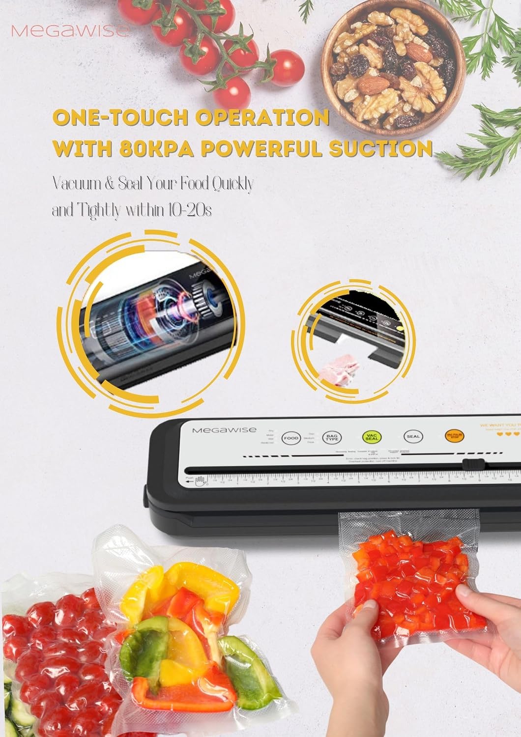 MEGAWISE Máquina selladora al vacío de alimentos con cortador incor...