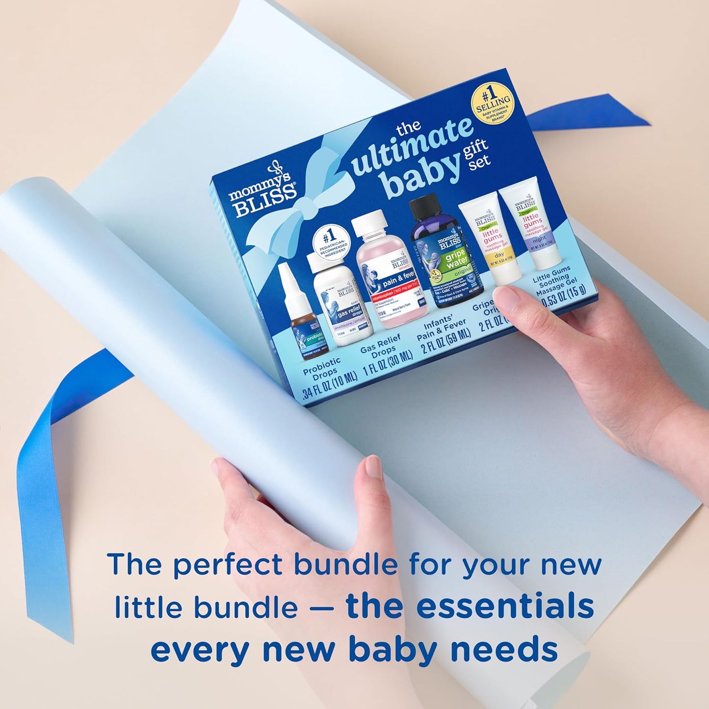 Mommy's Bliss Set de regalo definitivo para bebés, agua de gripe, gotas probióticas, medicamentos para el dolor y la fiebre, gotas de alivio de gases y gel de masaje de encías