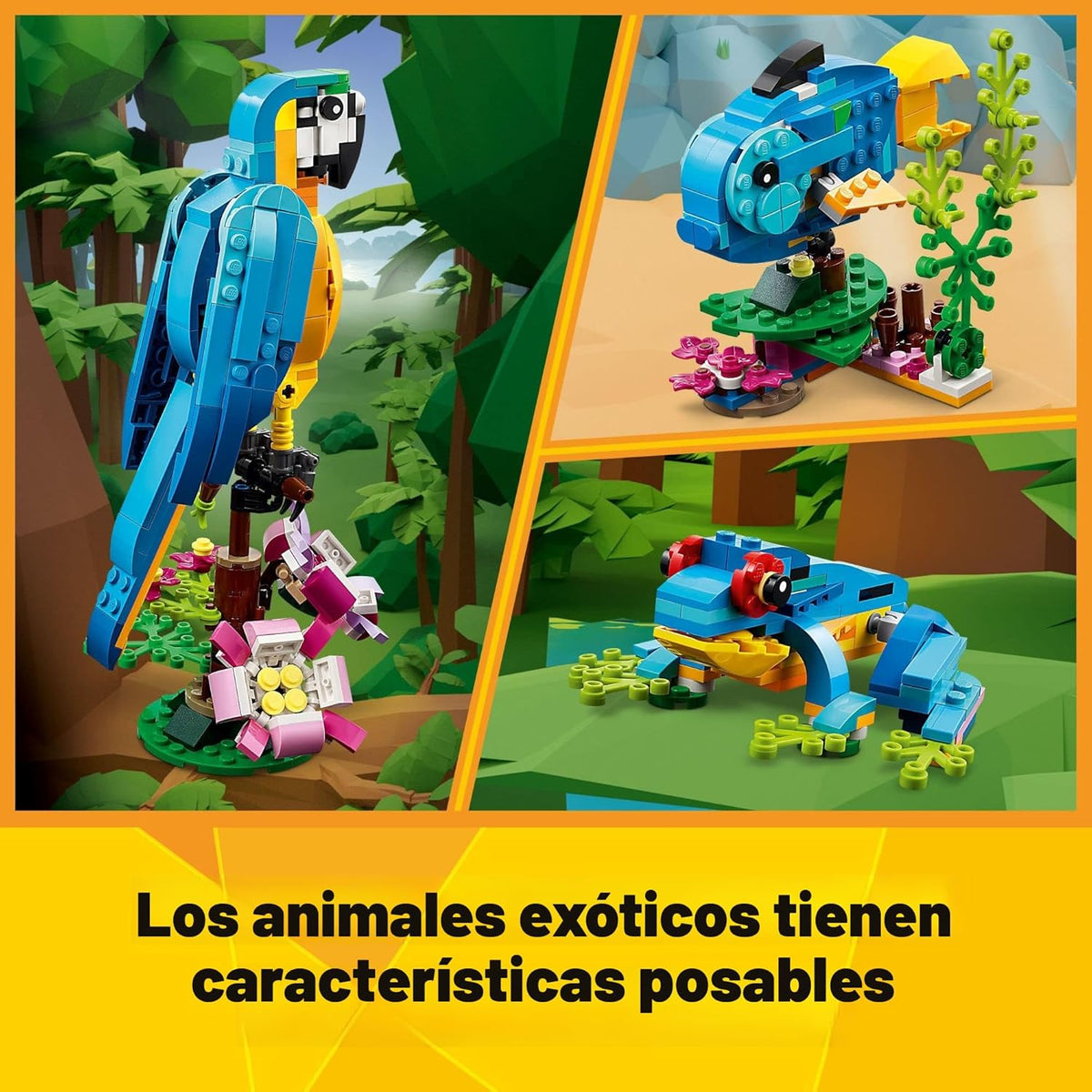 LEGO Creator 31136 - Juego de juguetes de construcción de loro exótico 3 en 1, se transforma en 3 figuras de animales diferentes, desde loros coloridos hasta peces nadadores y ranas lindas, juguetes
