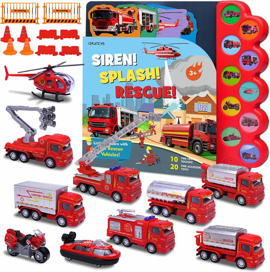 iGRATENS Juguetes para camiones de bomberos con libro de sonidos -...