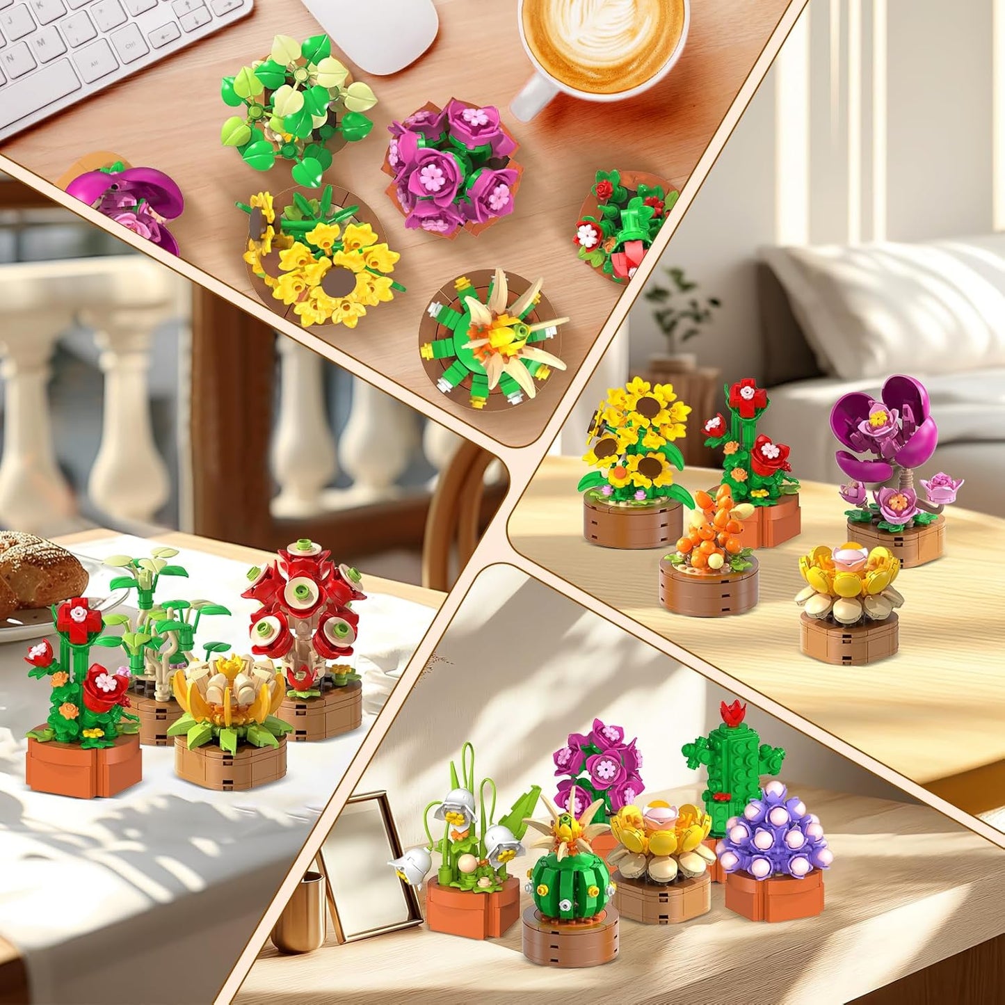 Paquete de 15 mini construcción de flores y plantas, 1314 piezas de suculentas de flores de 0.142 in, colección botánica, juguete de bloque para decoración del hogar, oficina, regalos de cumpleaños de Pascua para adultos, mujeres, niños y niñas mayores de
